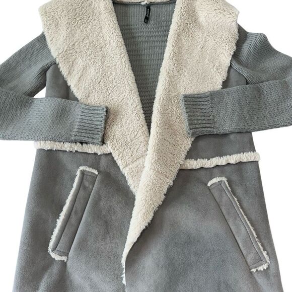 Stradivarius Penny Lane Style Sherpa Faux Suede Knit Open Cardigan, Small - Picture 7 of 10